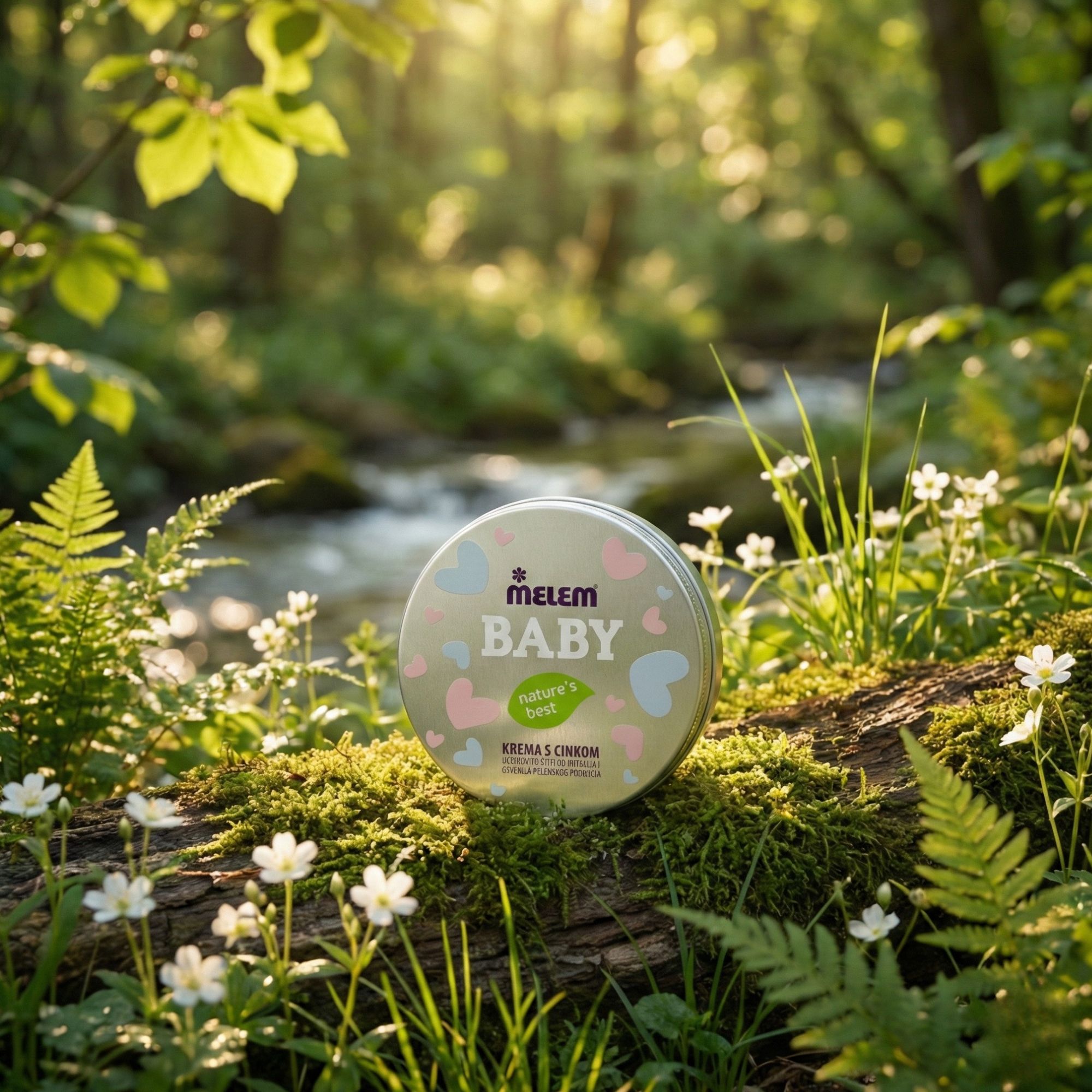 Barattolo rotondo Melem Baby su un tronco d'albero in una foresta. Ambiente: piante verdi e fiori.