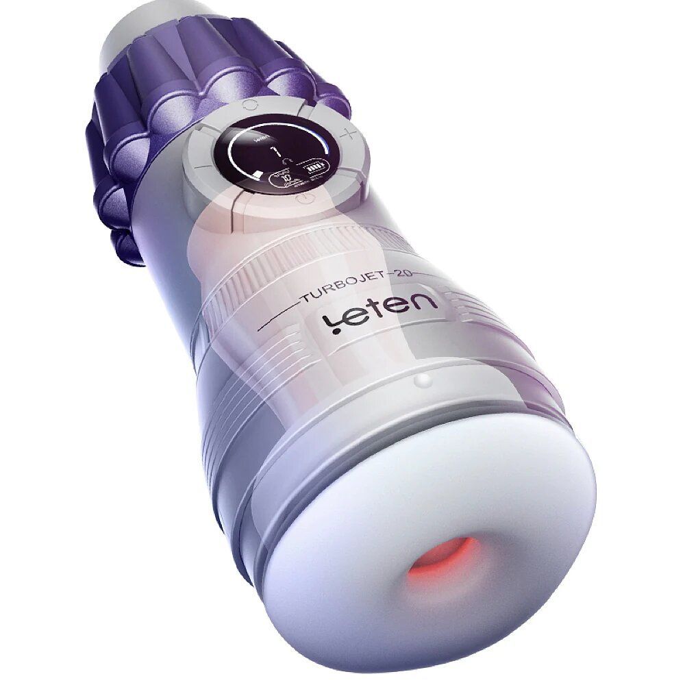 Dispositivo trasparente con elementi viola e grigi. Interno visibile e apertura.