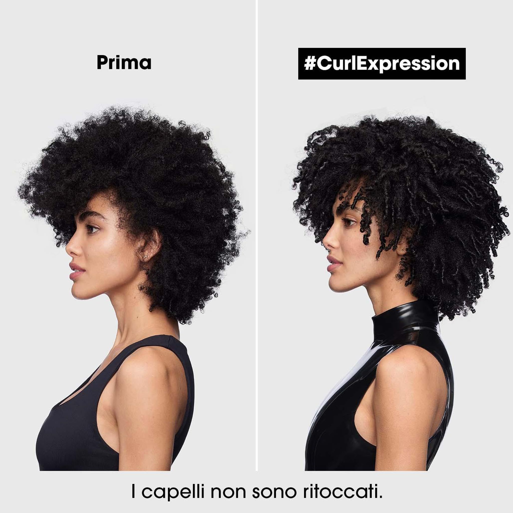 Confronto capelli ricci prima/dopo. Testo: #CurlExpression. Capelli non ritoccati.