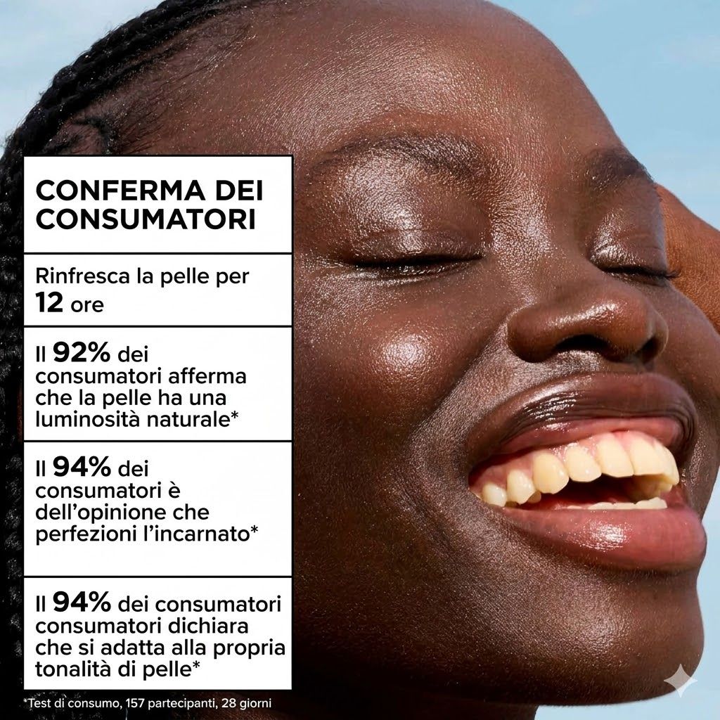 Donna con pelle radiosa. Testo: I consumatori confermano. Rinfresca la pelle per 12 ore. Il 92% conferma il glow.