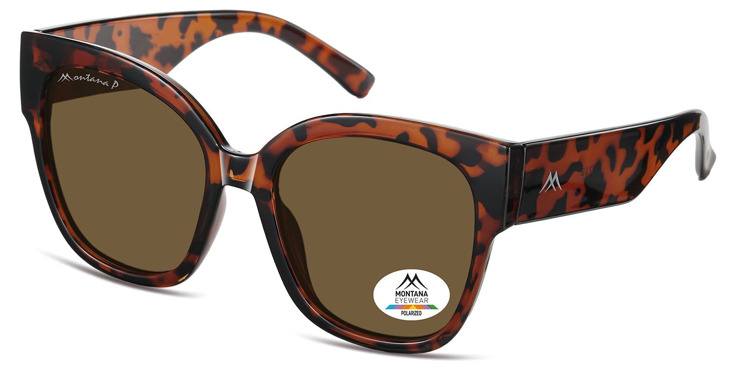 Occhiali da sole marroni con montatura tartarugata. Logo Montana Eyewear. Adesivo polarizzato.