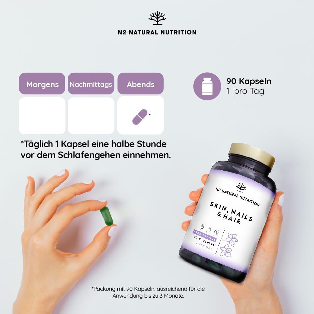 Flacone 'Skin, Nails & Hair' con capsula. Assunzione: 1 capsula prima di dormire.