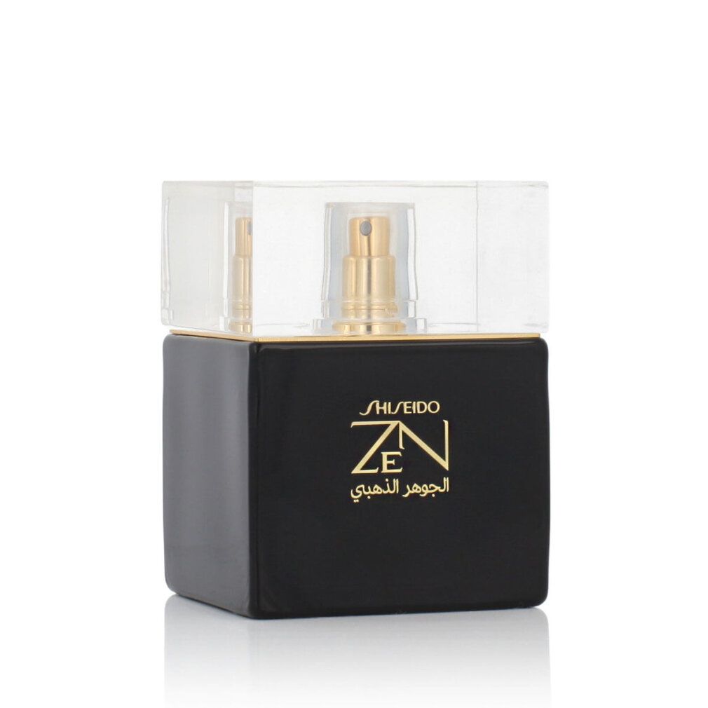Flacone nero con vaporizzatore dorato e tappo. Shiseido Zen Elixir De Oro, scritta dorata.