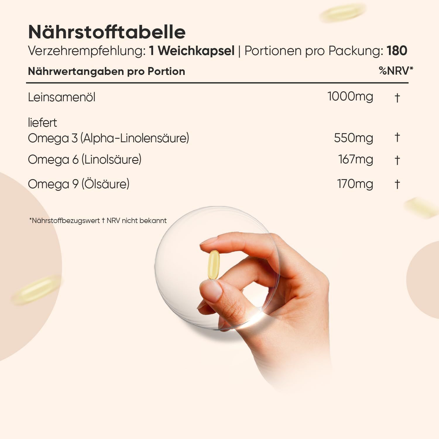 Mano che tiene una capsula. Tabella nutrizionale: Olio di semi di lino, omega 3, 6, 9. 180 capsule. Vegano.