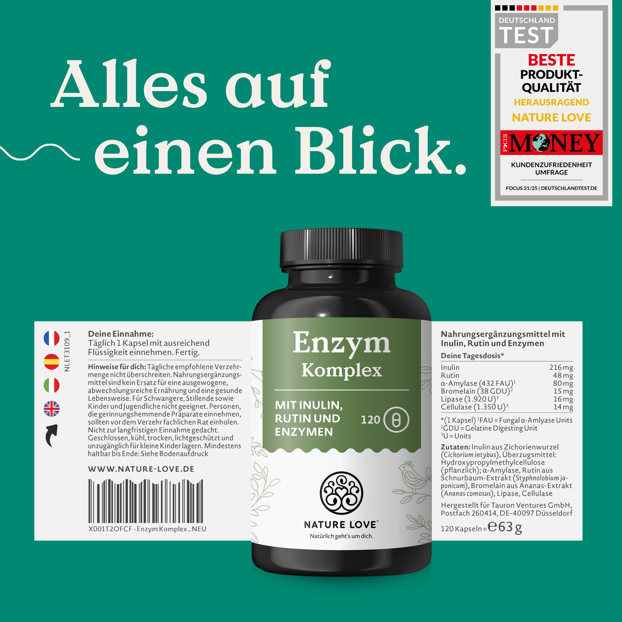 Flacone NATURE LOVE Complesso Enzimatico, 120 pz con informazioni nutrizionali.