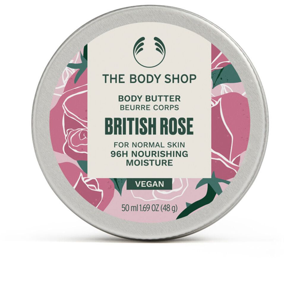 Barattolo rotondo British Rose. Burro corpo per pelli normali. Vegano. Motivo floreale e logo. Contenuto: 50 ml.