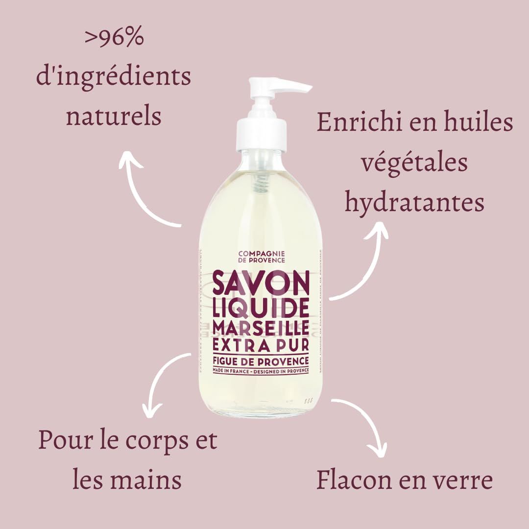 Sapone liquido Marsiglia con indicazioni. Oltre il 96% di ingredienti naturali, arricchito con oli vegetali, per corpo e mani.