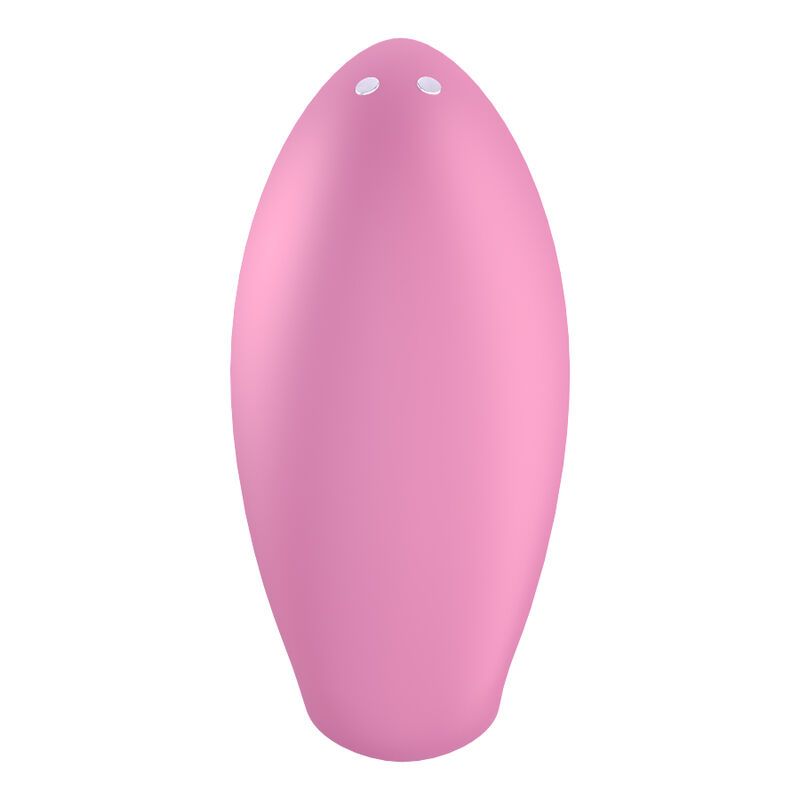 Vibratore per dita rosa. Forma ovale con due piccole protuberanze. Superficie liscia.