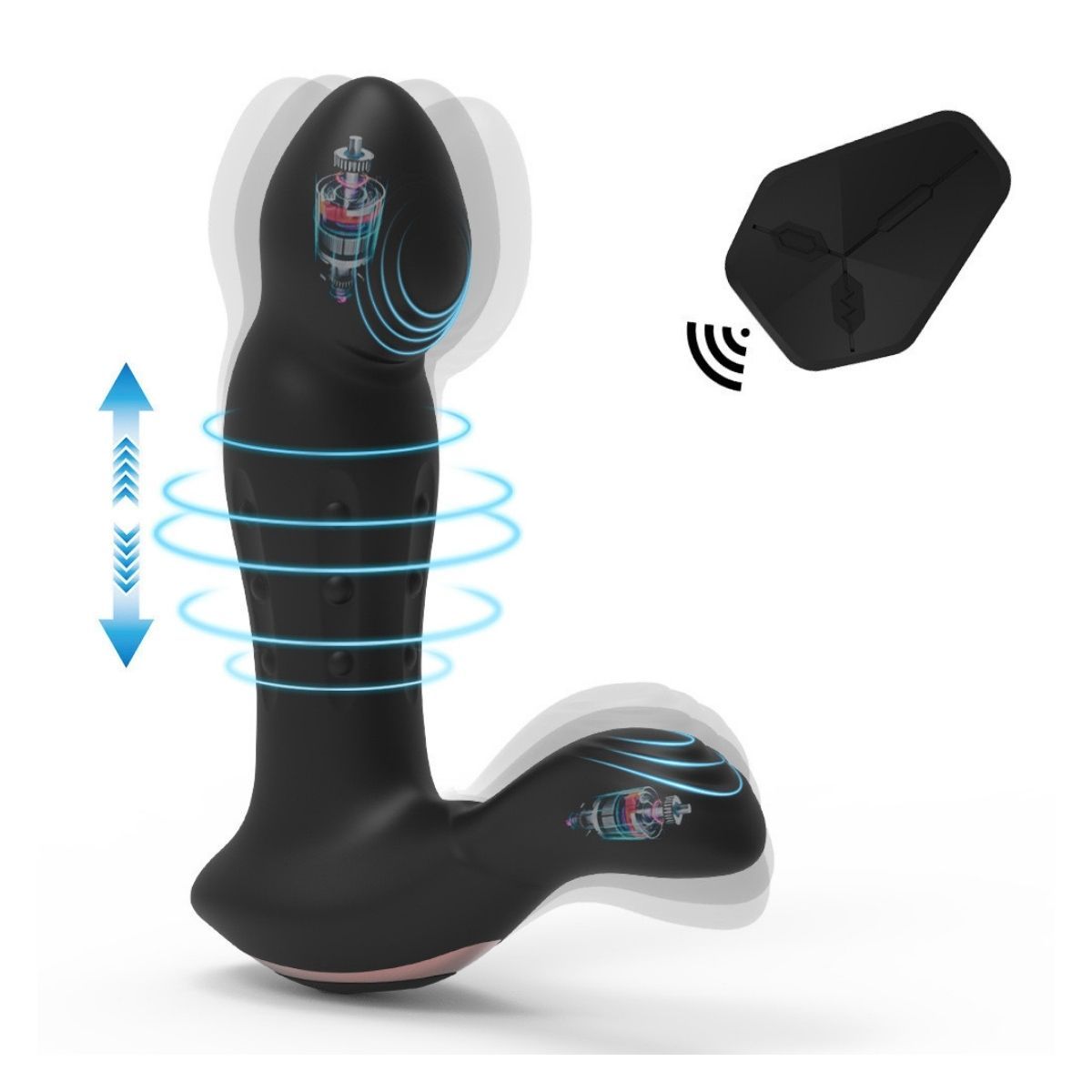 Prodotto benessere nero a forma di L, base rosa. Telecomando incluso. Frecce e cerchi blu indicano le funzioni.