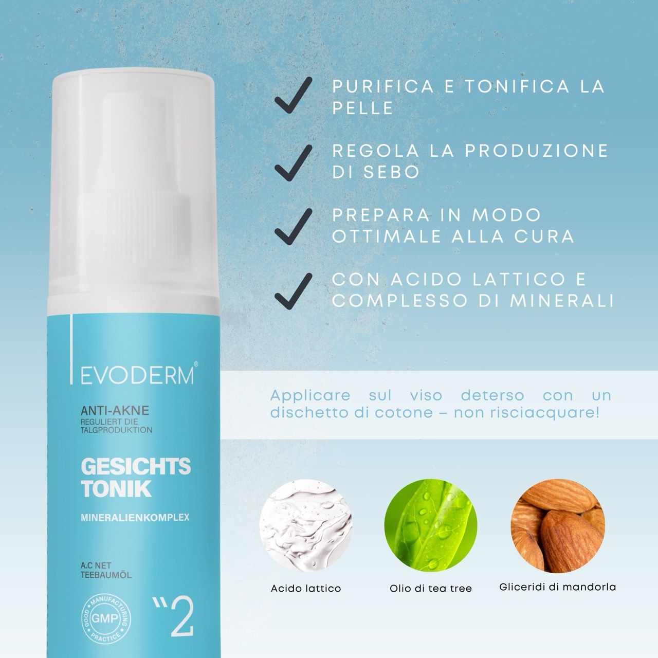 Tre prodotti: gel, tonico e siero. Donna sullo sfondo. Testo: Linea di cura anti-acne. Dermatologicamente testato.
