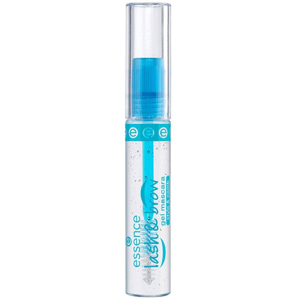 Tubo di mascara trasparente con tappo blu. Scritta: essence lash & brow gel mascara style & comb.