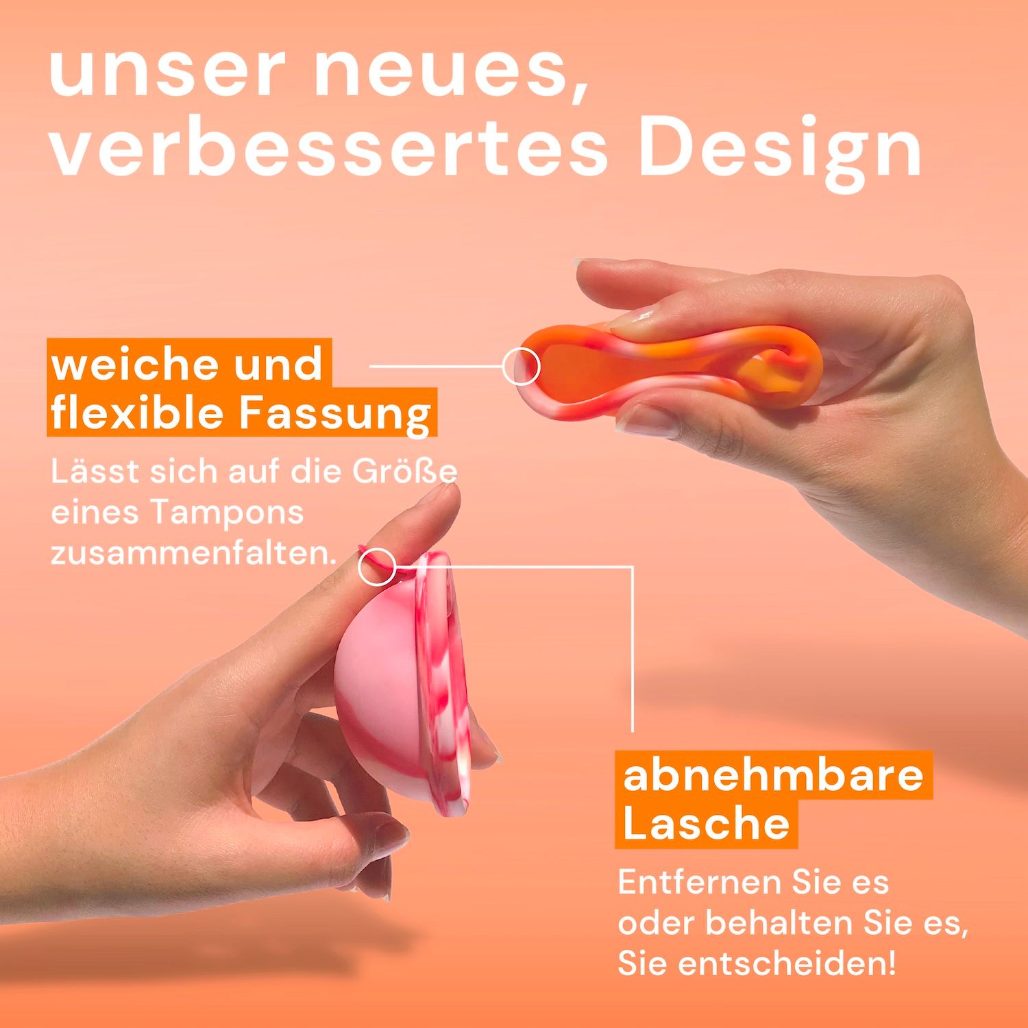 Mani che mostrano dischi mestruali. Testo: 'montatura morbida e flessibile' e 'linguetta rimovibile'.