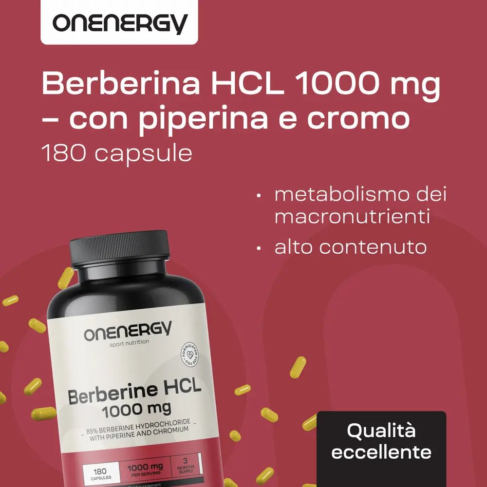 Flacone Berberina HCL 1000 mg. Testo: Metabolismo macronutrienti, alto contenuto.