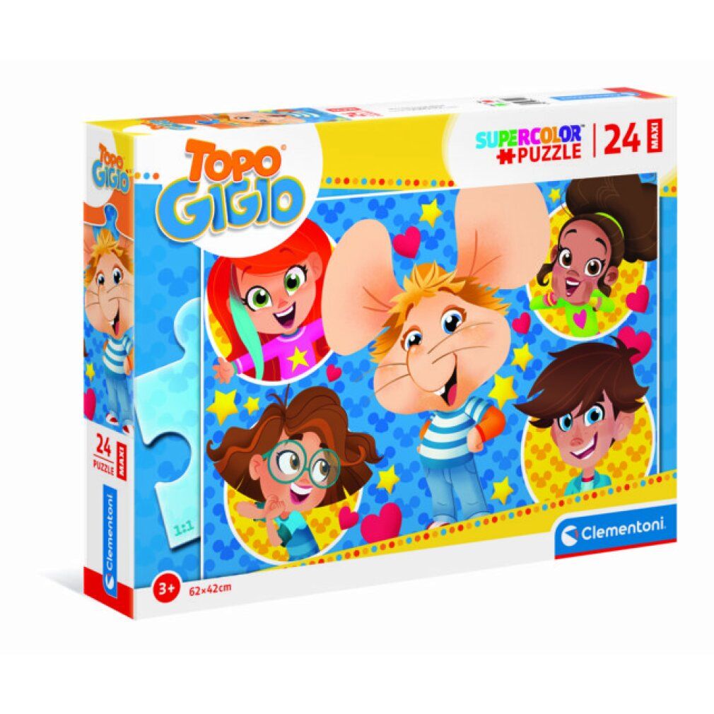 Scatola puzzle Clementoni Topo Gigio. 24 pezzi, Maxi. Immagine di Topo Gigio e bambini. Età consigliata 3+.