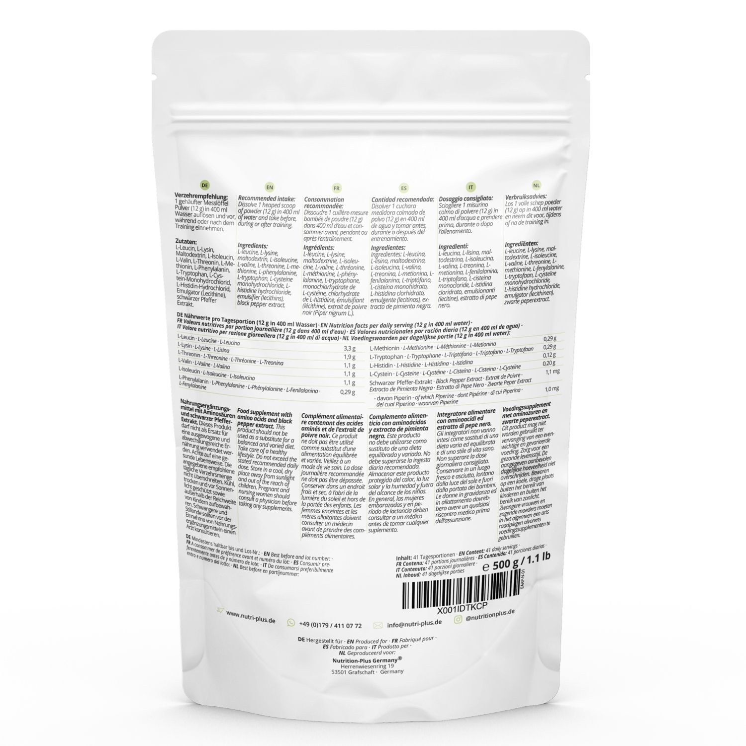 Busta con informazioni sul prodotto. Contiene elenco ingredienti e valori nutrizionali. 500g/1.1lb.