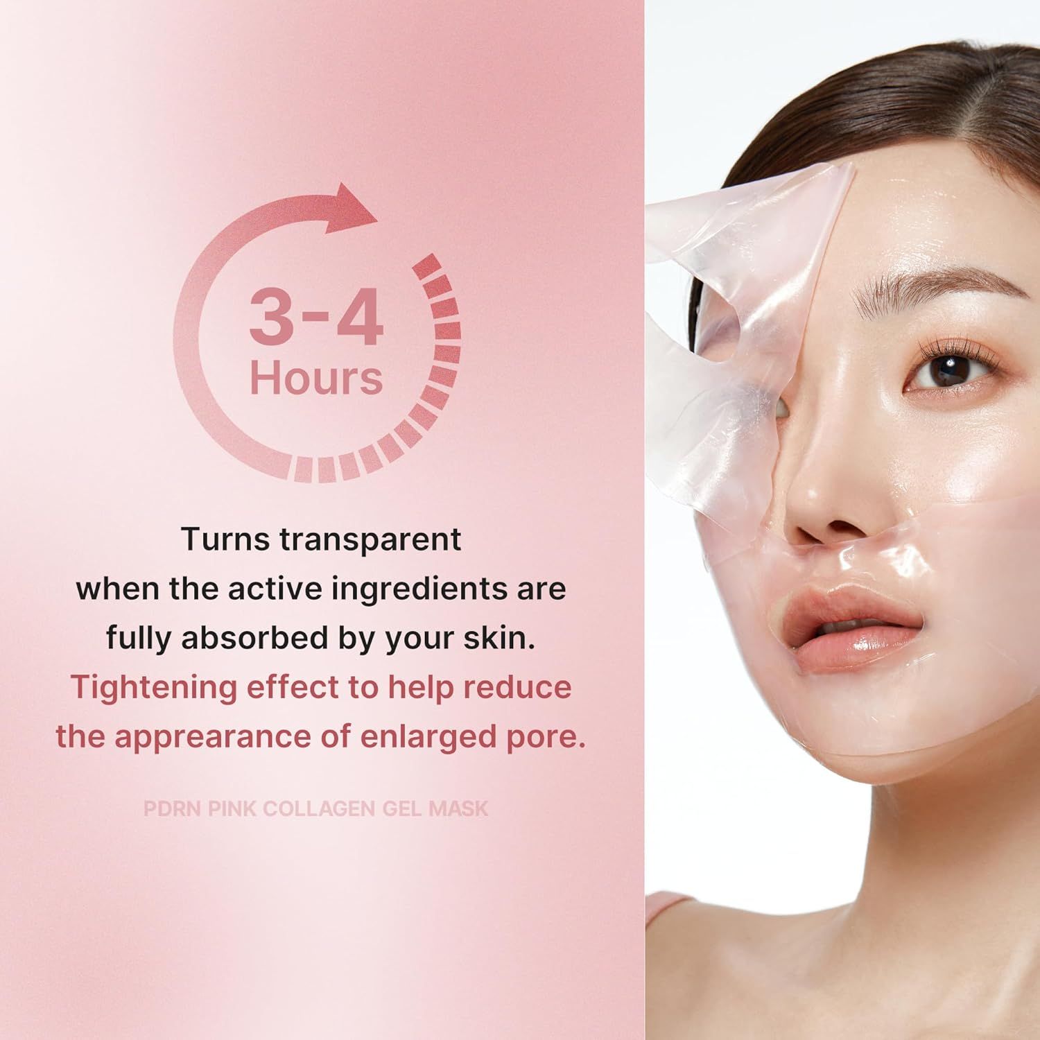Donna con Medicube PDRN Pink Collagen Gel Mask sul viso, che diventa trasparente.