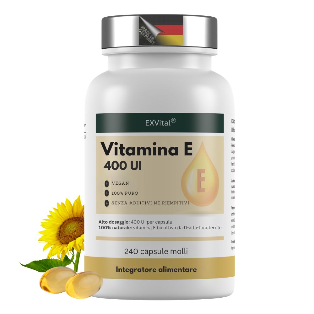 Flacone EXVital Vitamina E 400 UI 240 capsule molli. Da olio di girasole, vegan.