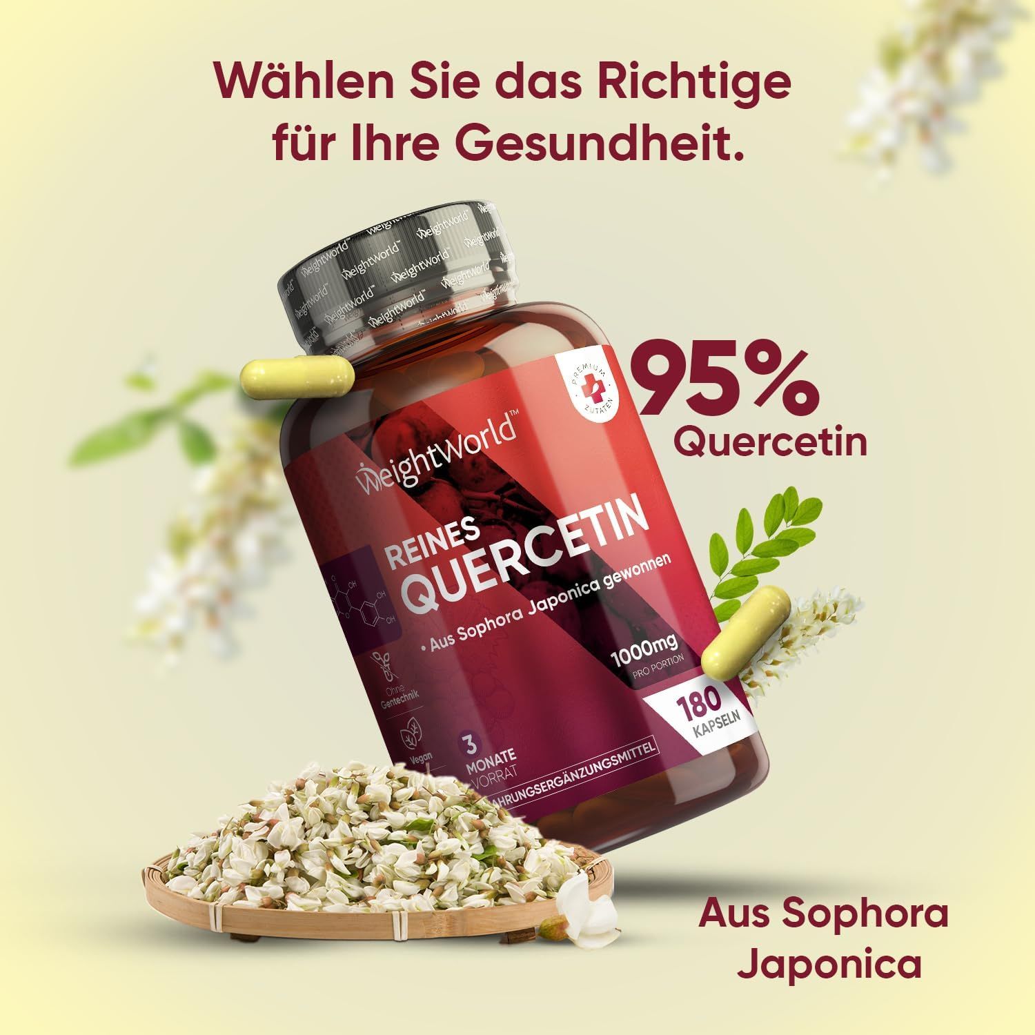 Flacone marrone con capsule. Testo: 95% Quercetin, 180 capsule. Con fiori e capsule.