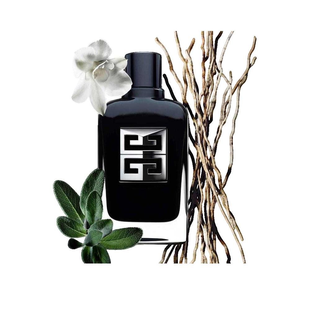 Flacone nero con logo argentato. Decorazione con fiore bianco, rami e foglie.