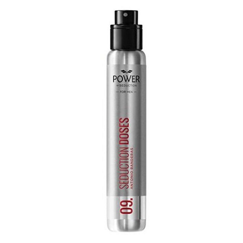 Spray dosatore Antonio Banderas Potere della Seduzione. Spray cilindrico argentato, erogatore nero, testo rosso.