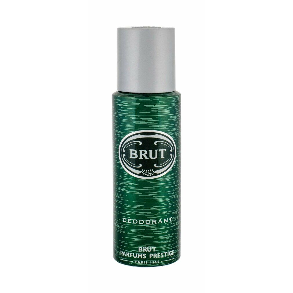 Spray deodorante verde con tappo argentato. Scritta: BRUT, Deodorante, Brut Parfums Prestige.