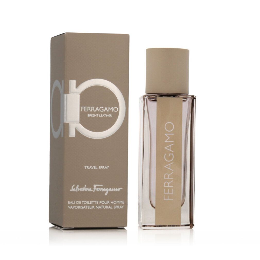 Spray da viaggio Ferragamo Bright Leather Eau de Toilette accanto alla confezione esterna.