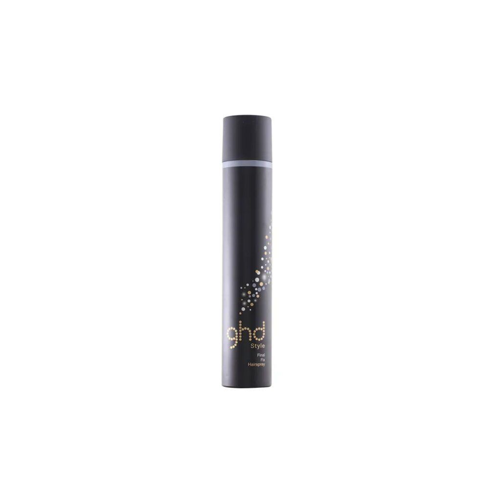 Bomboletta spray nera con logo "ghd" dorato e "style final fix hairspray".