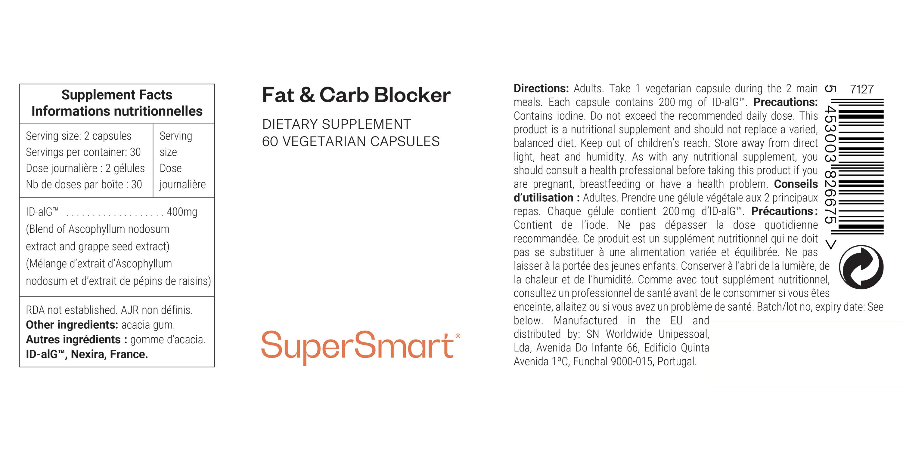 Etichetta "Fat & Carb Blocker". Contiene informazioni sugli ingredienti, dosaggio e produttore. Logo SuperSmart.
