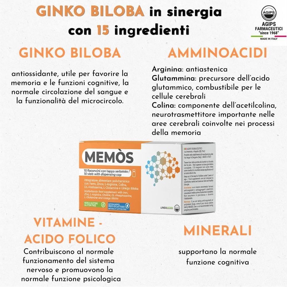 Confezione del prodotto Agips Memos Tabletten. Testo: Ginkgo Biloba, aminoacidi, vitamine, minerali. 10 flaconi con tappo a pressione.