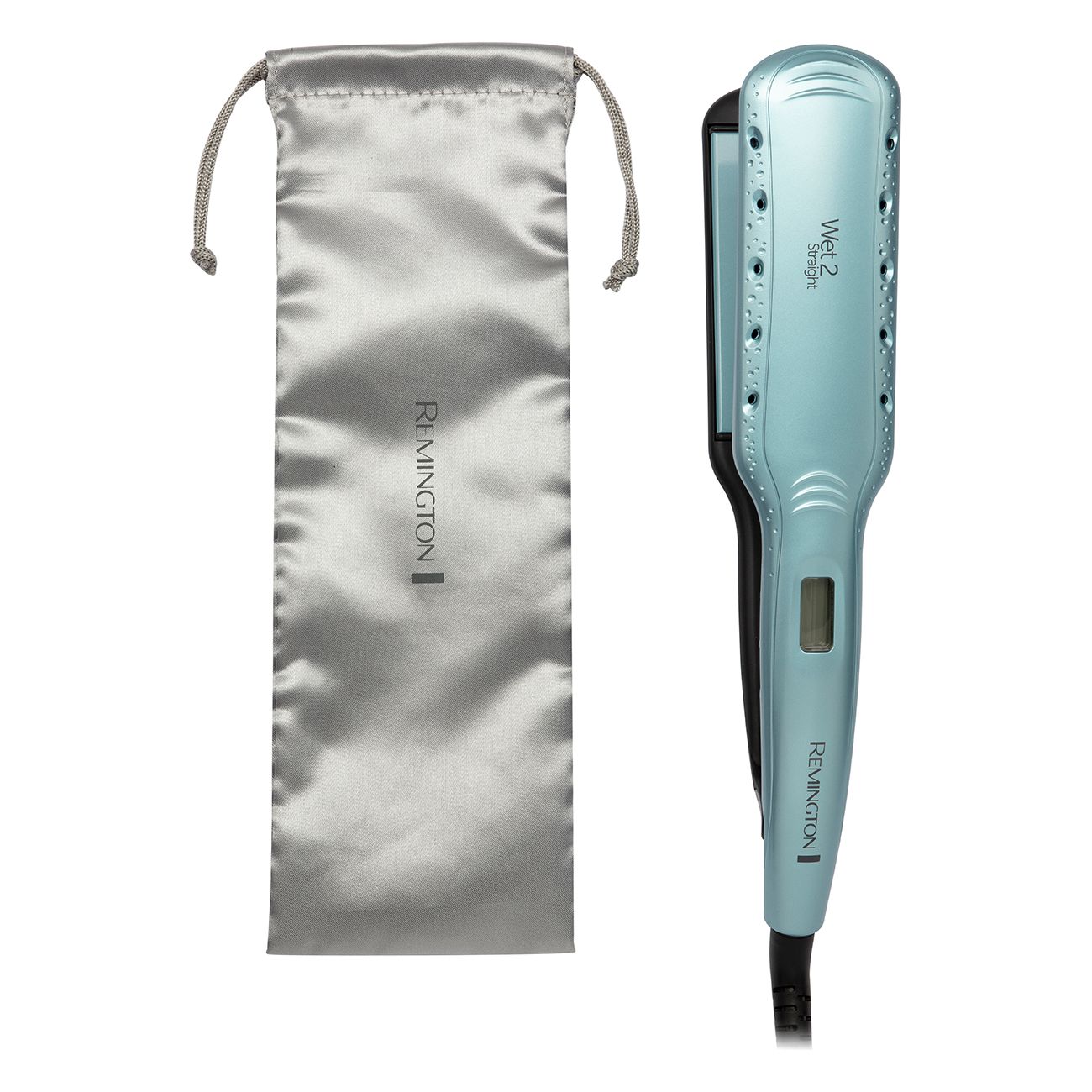 Liscia capelli azzurri e custodia grigia per piastra con coulisse.