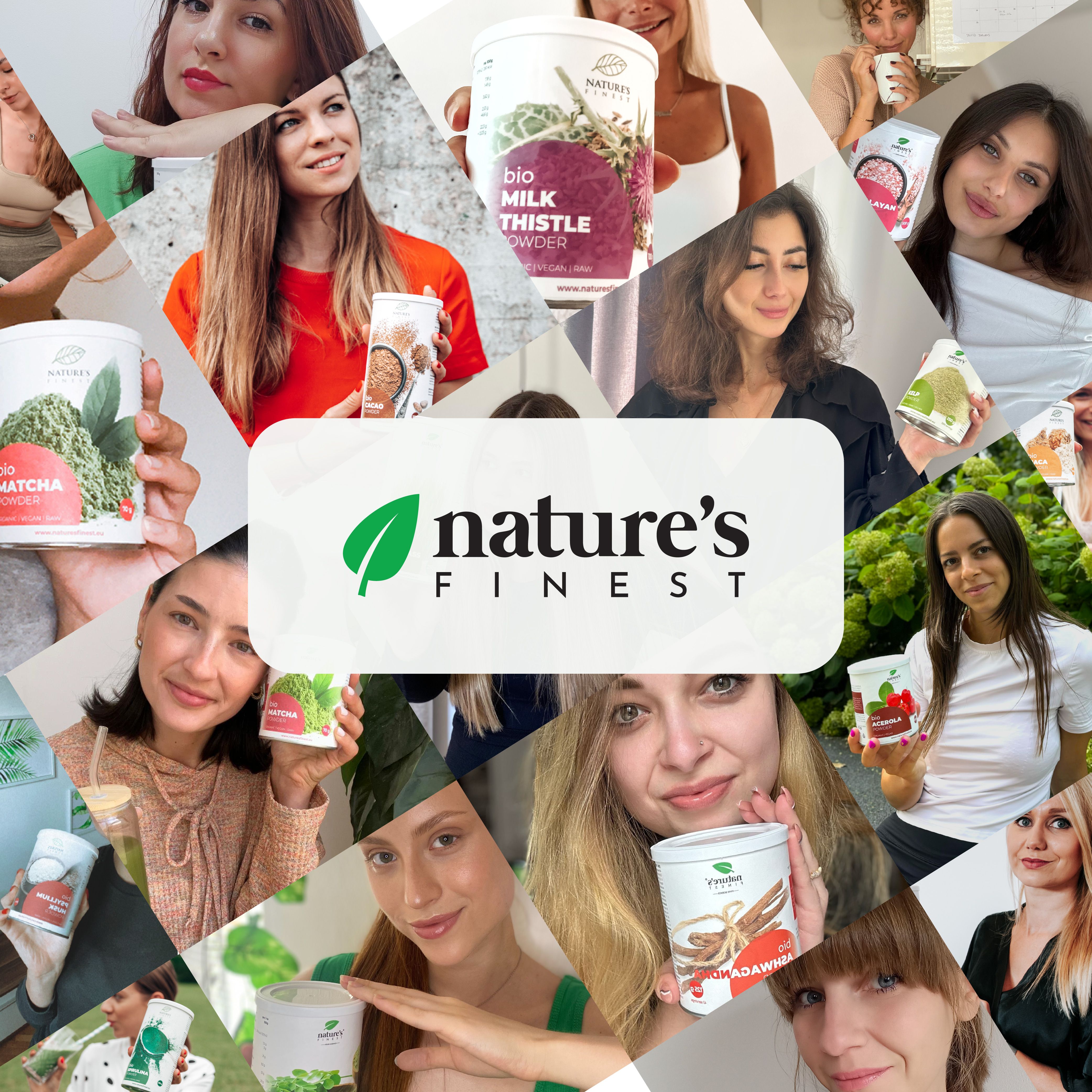 Collage di donne che tengono vari prodotti Nature's Finest, con il logo del marchio al centro.