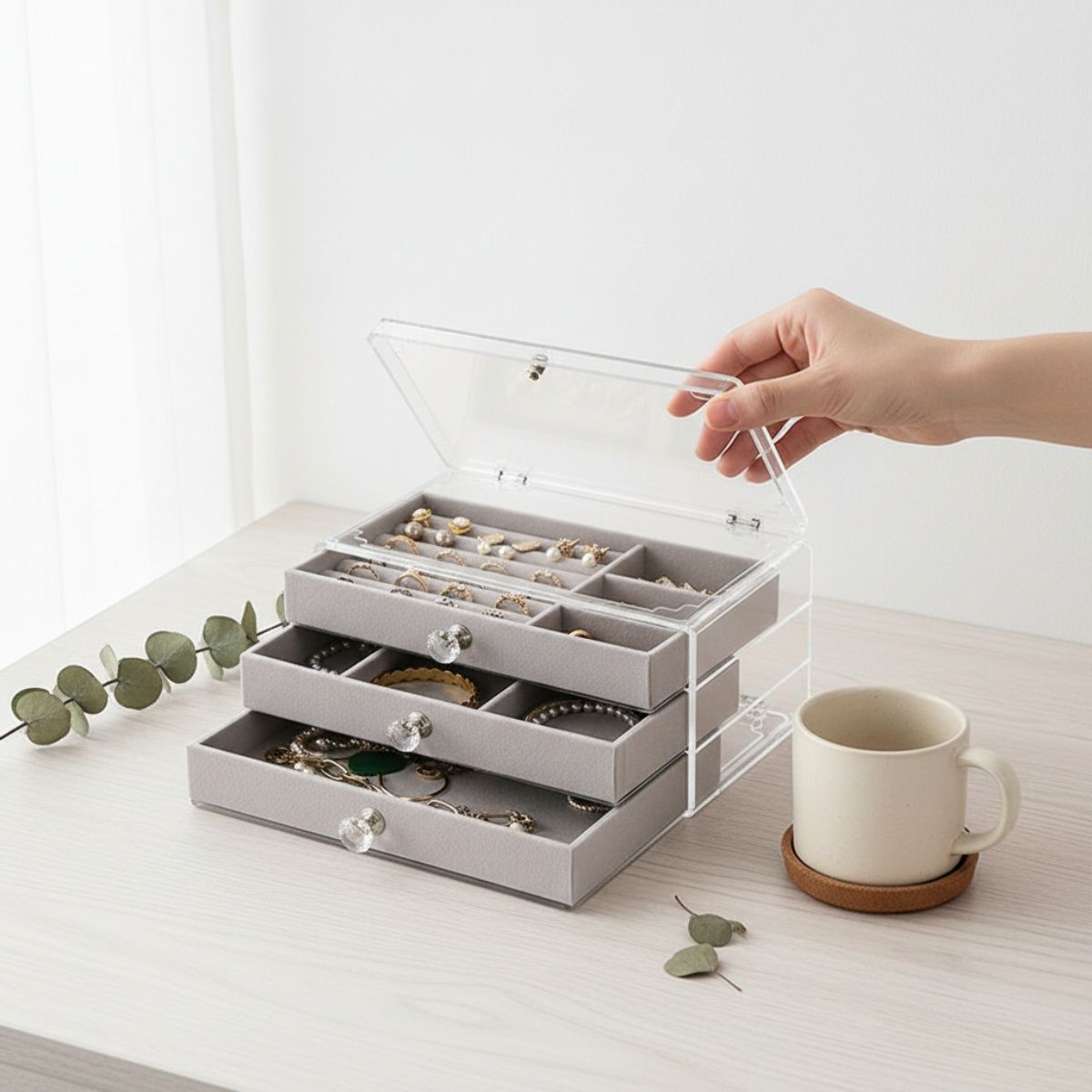 Quattro beauty case trasparenti di varie dimensioni uno accanto all'altro.