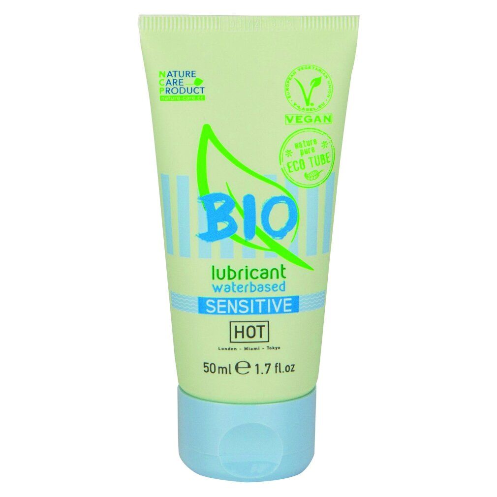 Lubrificante BIO SENSITIVE HOT, a base d'acqua, tubo da 50ml. Sigilli 'Nature Care Product' e 'Vegan'.