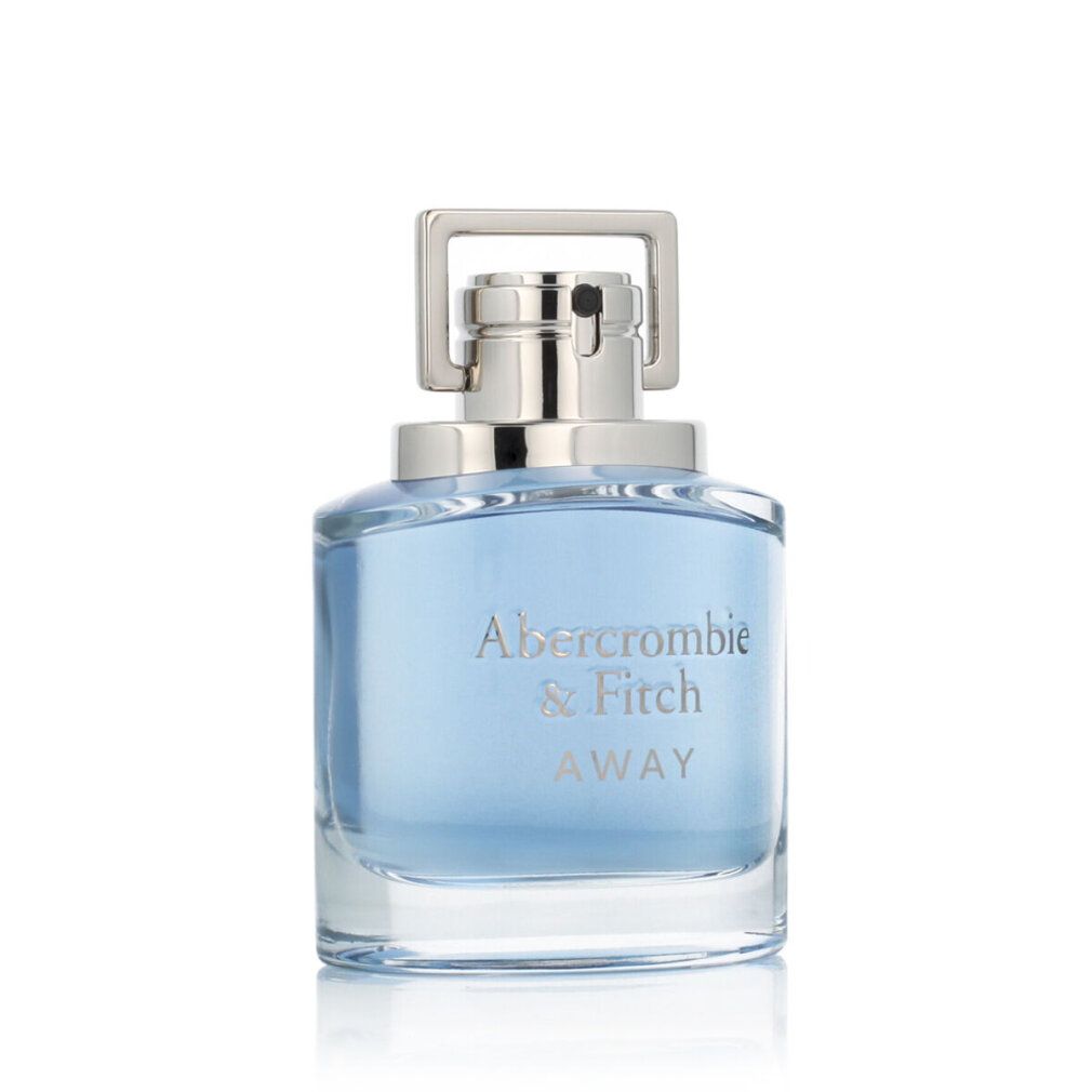 Flacone di eau de toilette blu con tappo argentato. Nome prodotto: AWAY. Marchio: Abercrombie & Fitch.