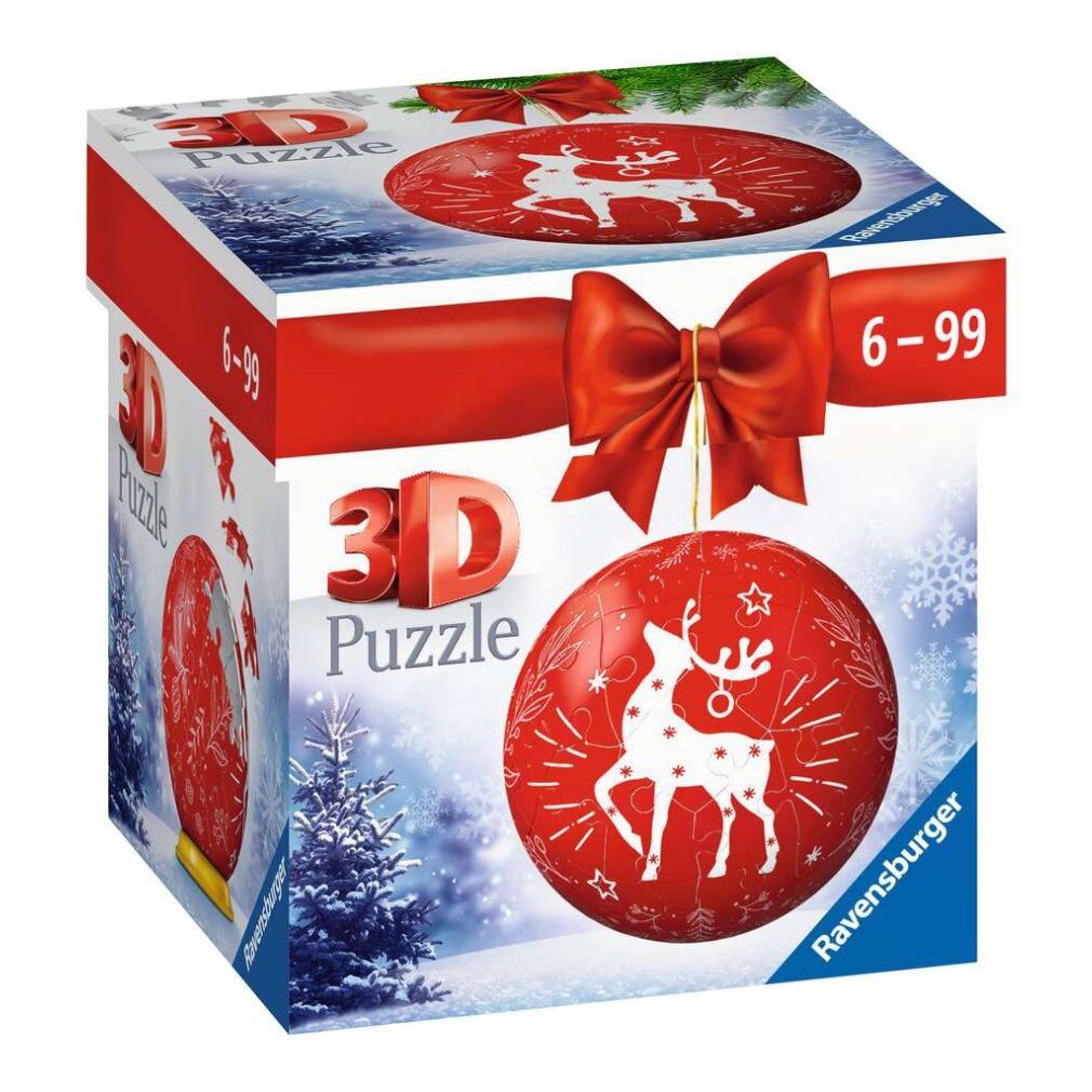 Confezione per Puzzleball. Scatola rossa con fiocco. Puzzle 3D. Motivo: Puzzleball rosso con renna. Età consigliata 6-99.