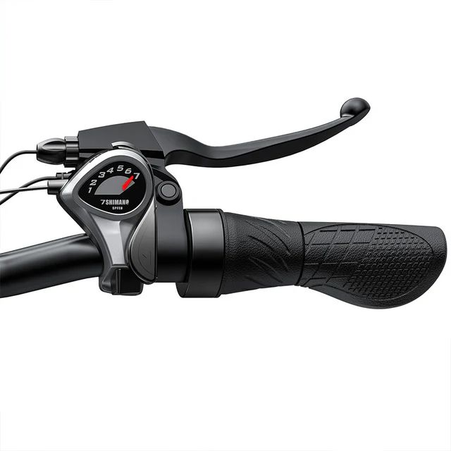 Primo piano del manubrio di una e-bike. Visibili: cambio, leva freno e impugnatura.