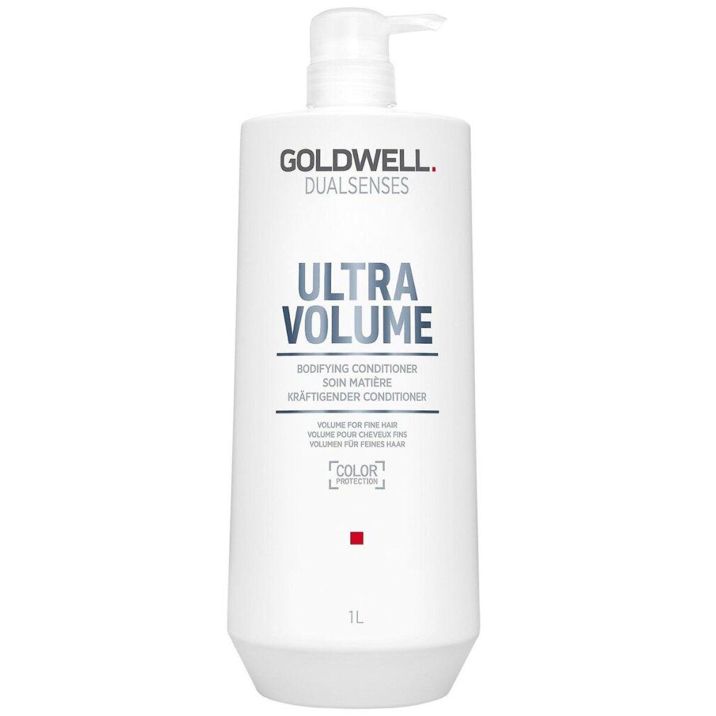 Flacone bianco con pompa. Scritta: GOLDWELL DUALSENSES ULTRA VOLUME. Testo in inglese, francese e tedesco. 1L.