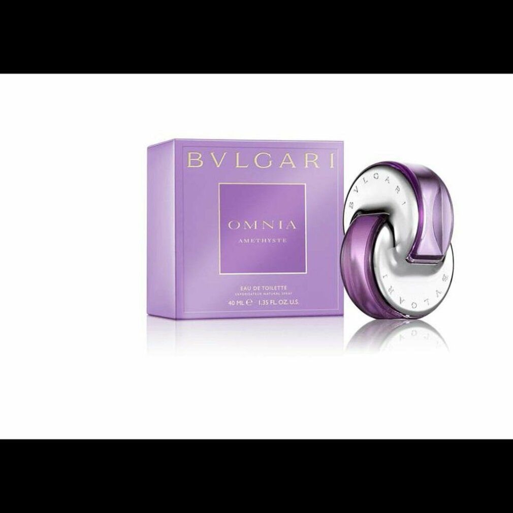 Scatola e flacone viola. Flacone a forma di anello, argento e viola. Scritta Bvlgari, Omnia Amethyste.