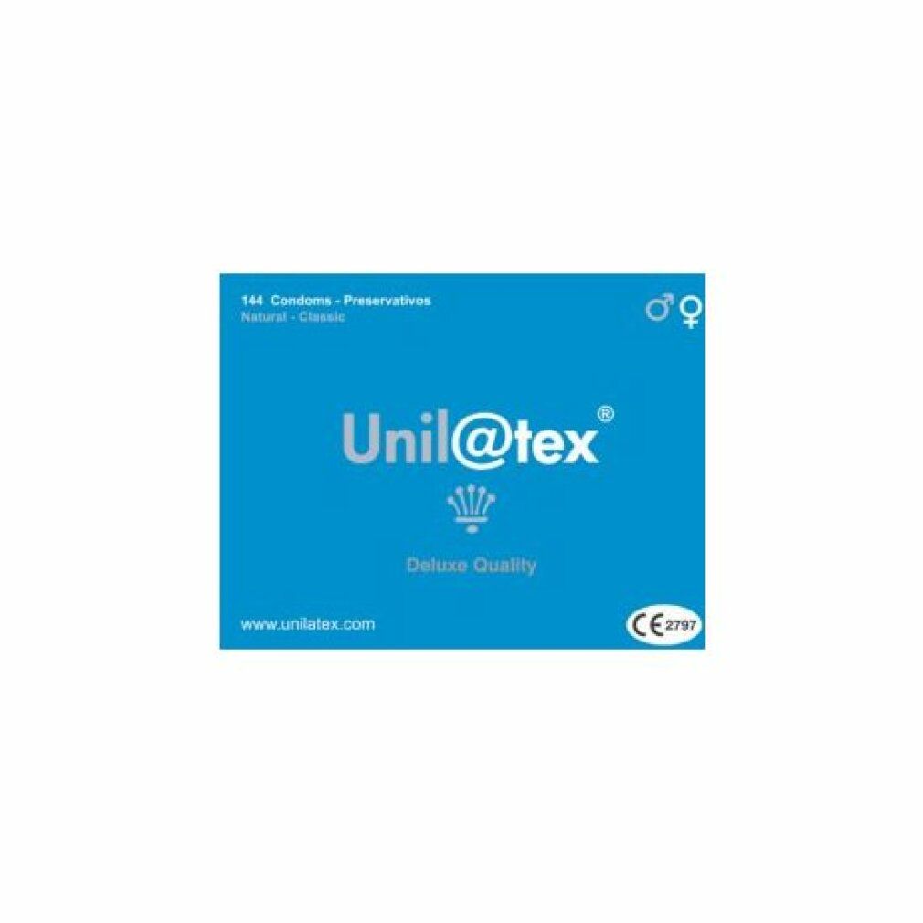 Confezione blu Unilatex. Scritte: 144 preservativi, Natural Classic, Deluxe Quality, marchio CE, logo.