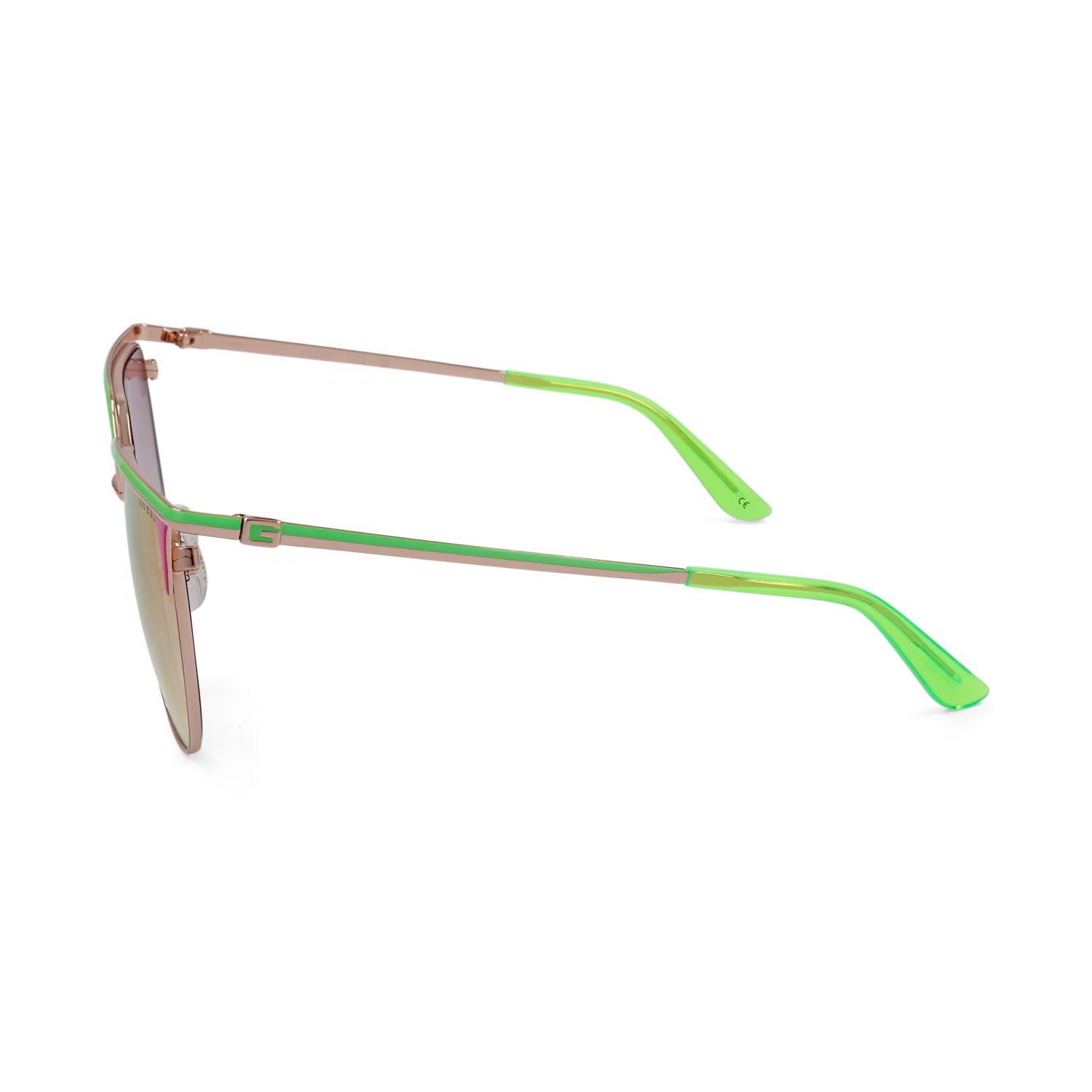 Occhiali da sole con montatura in metallo color oro rosa e aste verde neon.