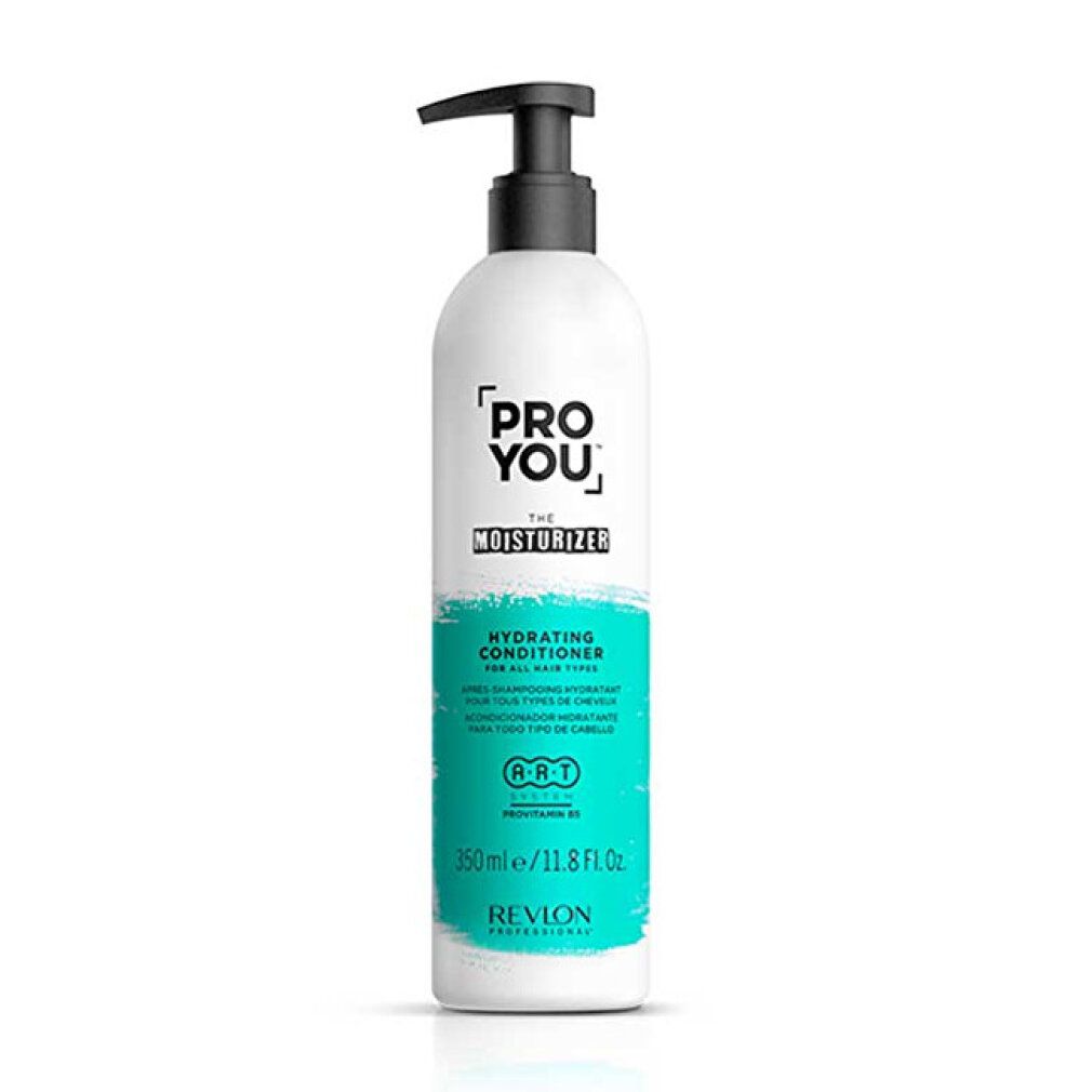 Flacone bianco con erogatore nero. Scritta: PRO YOU THE MOISTURIZER, Hydrating Conditioner. Marchio Revlon.