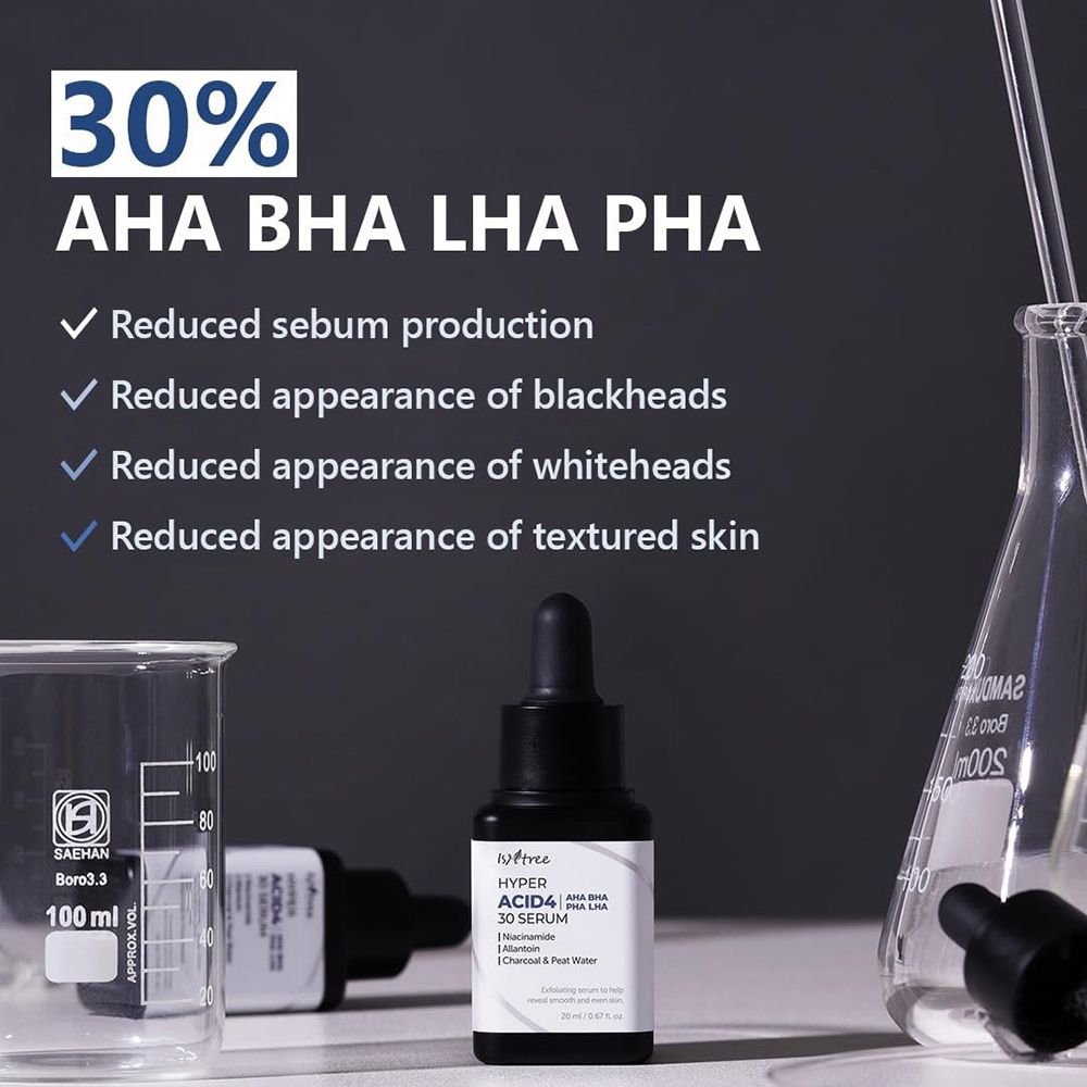 Flacone di siero con attrezzature di laboratorio. Testo: Hyper Acid4 30 Serum. Contiene AHA, BHA, PHA, LHA. Con contagocce.