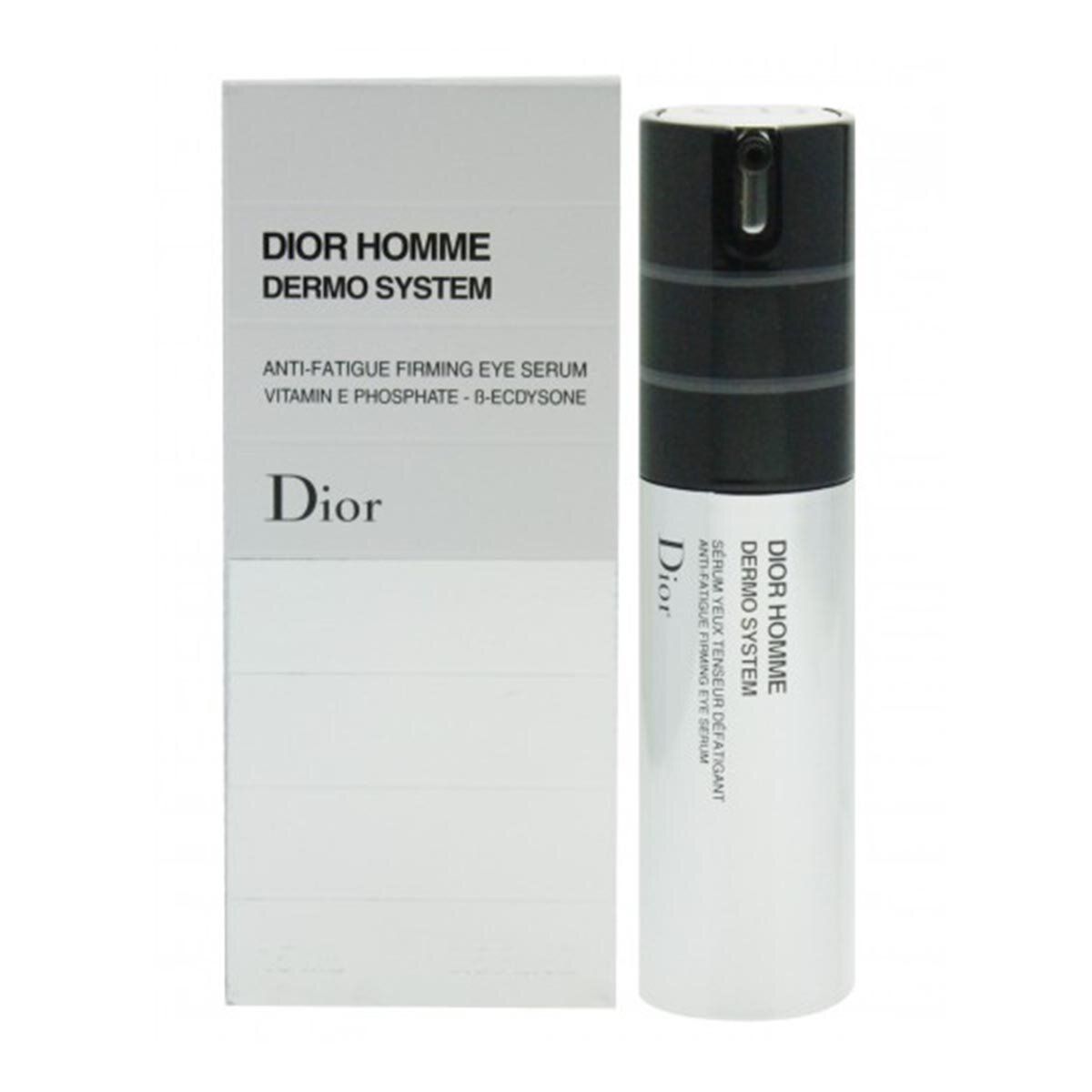 Flacone di siero e confezione. Scritta: Dior Homme Dermo System. Testo in francese e inglese. Bianco e nero.