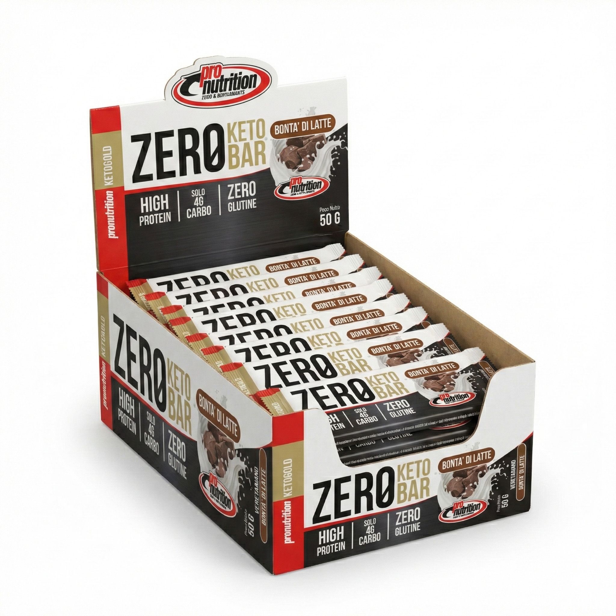 Pronutrition Barretta Keto Zero - 25 pezzi 50g - Senza zuccheri aggiunti - Bontà di latte
