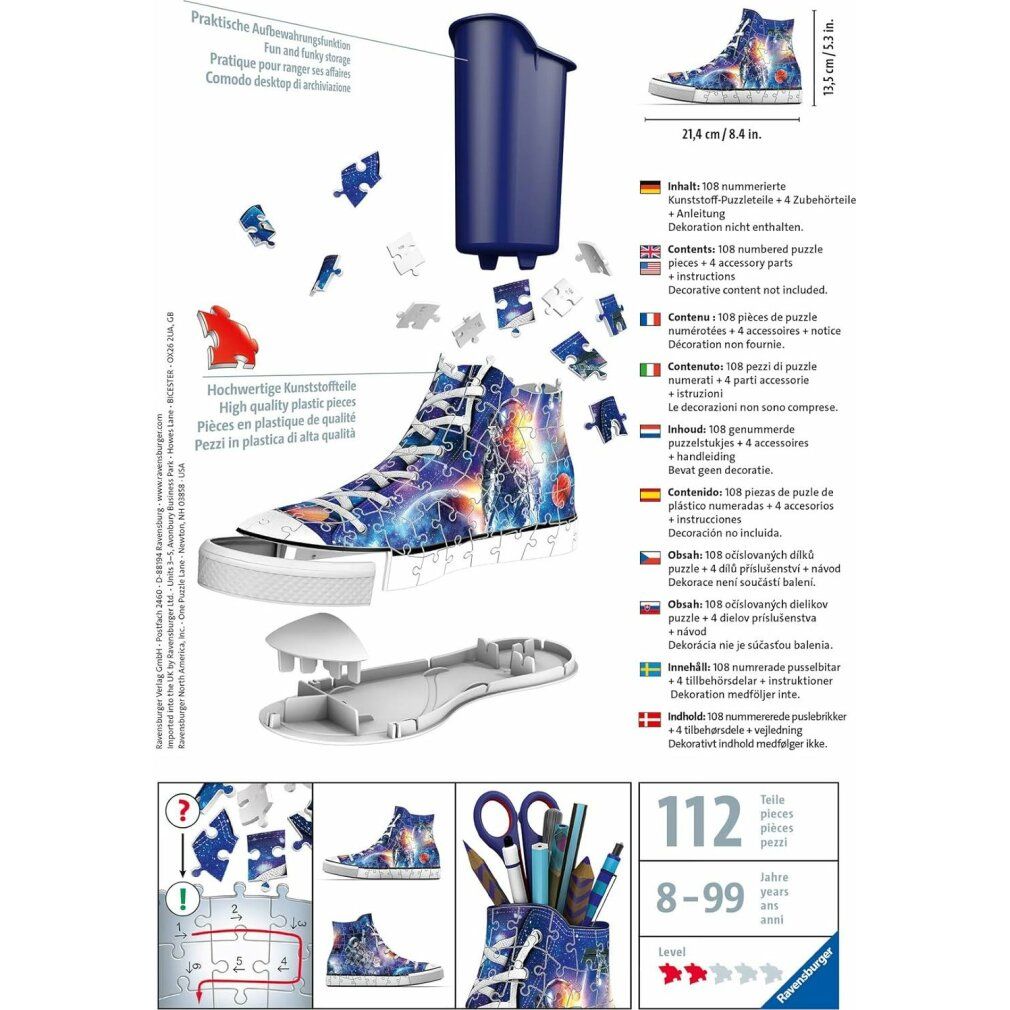 Puzzle 3D Sneaker Galaxy, smontato. Parti, forma di scarpa, penne, istruzioni. Dimensioni: 21,4 cm x 8,4 cm x 11,5 cm.