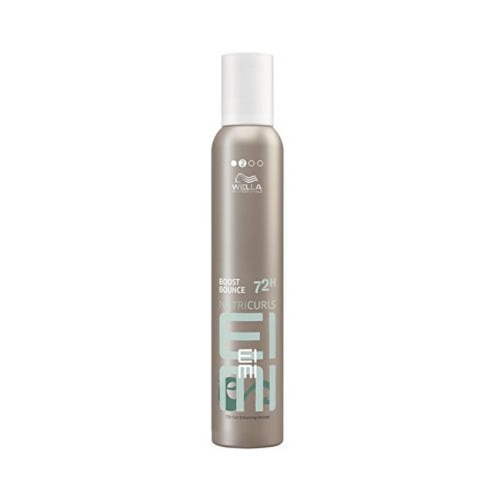 Flacone cilindrico con erogatore bianco. Scritta: Wella Eimi Nutricurls Boost Bounce. Colori: grigio, bianco e turchese.
