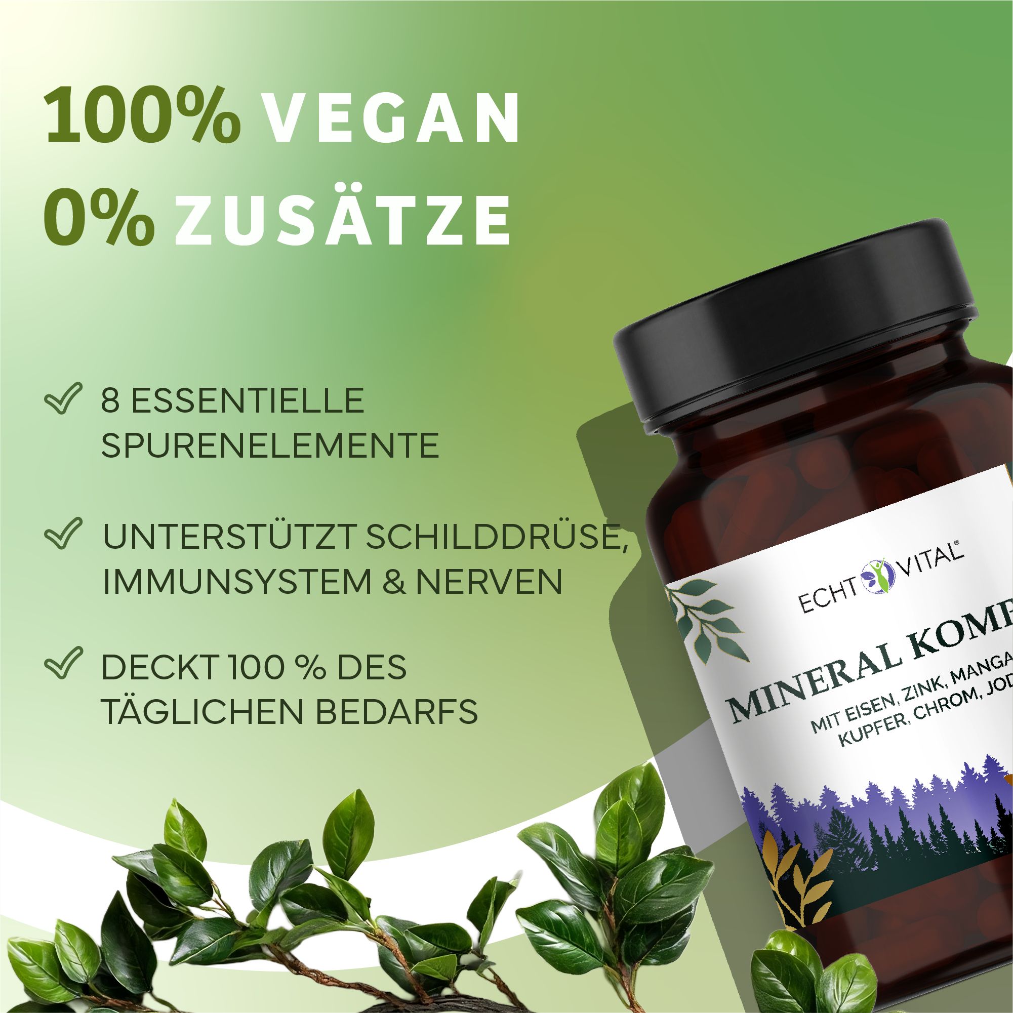 Bottiglia di Echt Vital Mineral Komplex con testo su ingredienti vegani e oligoelementi.