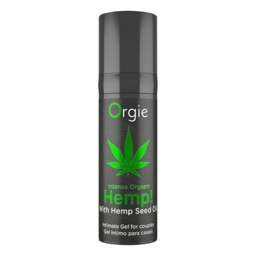 Flacone grigio scuro con etichetta verde. Testo: Orgie, Intense Orgasm Hemp!, simbolo foglia di canapa. Gel intimo per coppie.