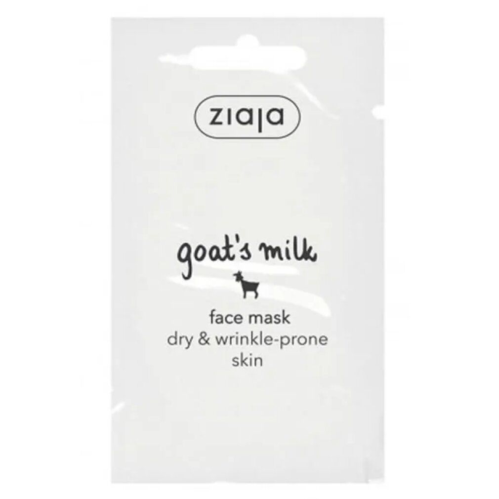 Maschera viso Ziaja in confezione singola bianca. Scritta: goat's milk, face mask, dry & wrinkle-prone skin. Marchio Ziaja.
