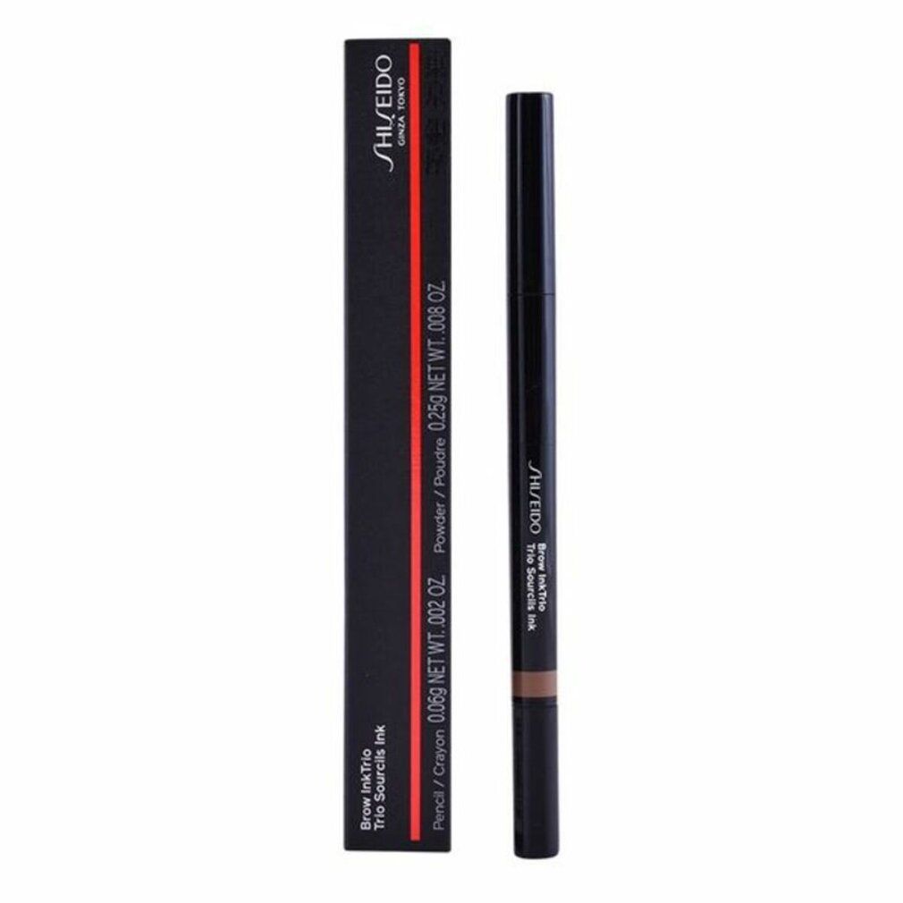 Confezione nera con matita per sopracciglia. Scritta: SHISEIDO. Prodotto: Brow Ink Trio. Con striscia rossa.
